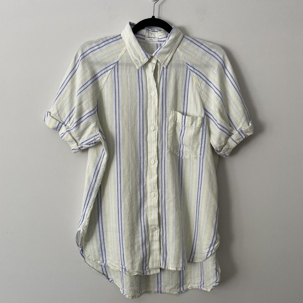 Wilfred Free Linen Blend Button Up Yellow Striped Shirt Size S Coastal Preppy
